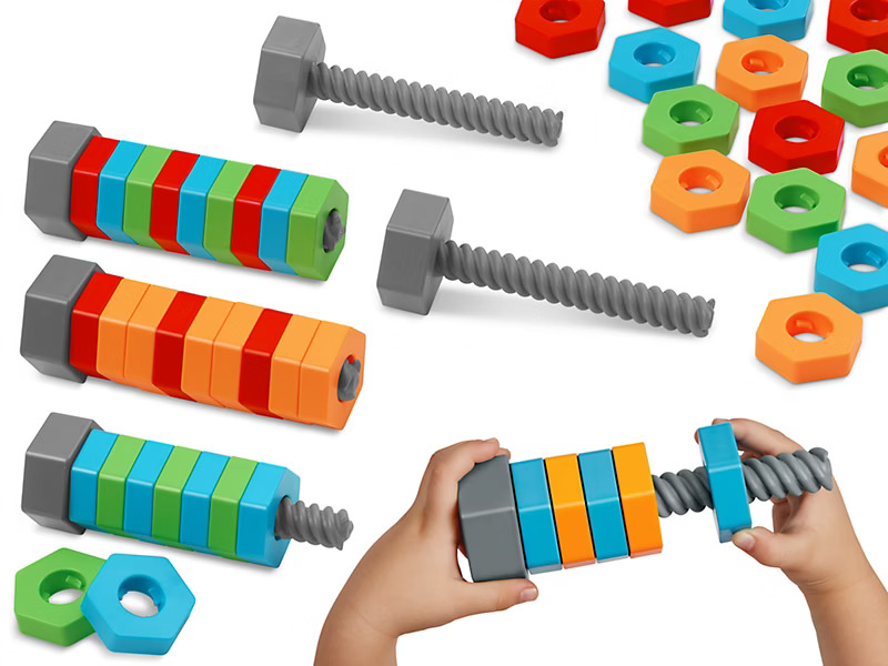 Children's toy set with colorful plastic hexagonal nuts and bolts.