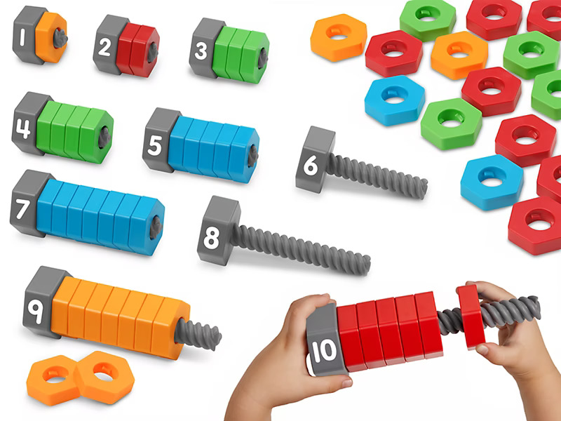Children's educational toy set with numbered bolts and nuts in red, blue, green, and orange. Hands are assembling pieces.