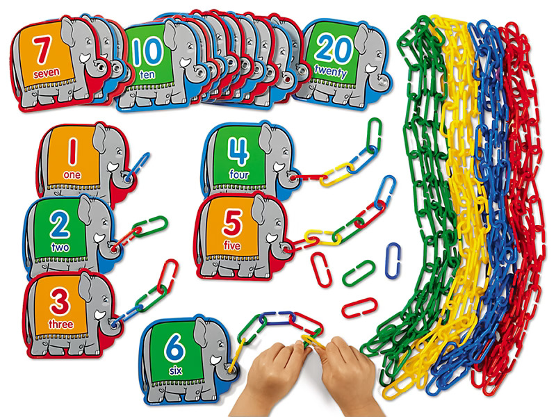 Educational toy set with number cards from 1 to 20 featuring elephants, colorful interlocking plastic links, and children's hands playing.