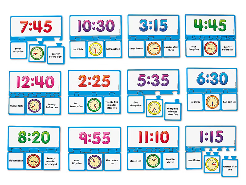 Twelve educational puzzle sets each showing a digital time, analog clock, and written time phrases, designed to teach time-telling skills.