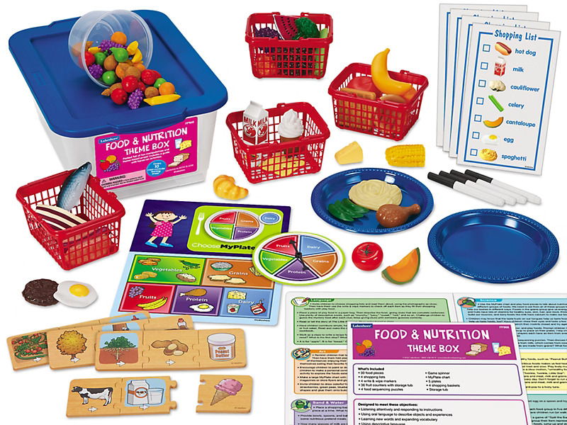 Educational food and nutrition playset with sorting baskets, plastic fruits, vegetables, plates, shopping lists, and nutritional guides on a table.