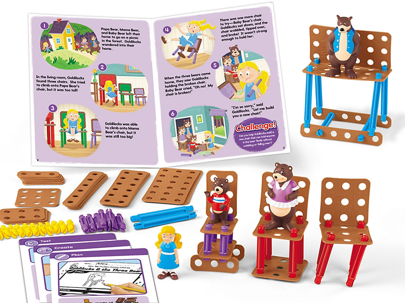 A construction toy set themed around "Goldilocks and the Three Bears." It includes illustrated story pages, building pieces, bear figures, and constructed chairs.
