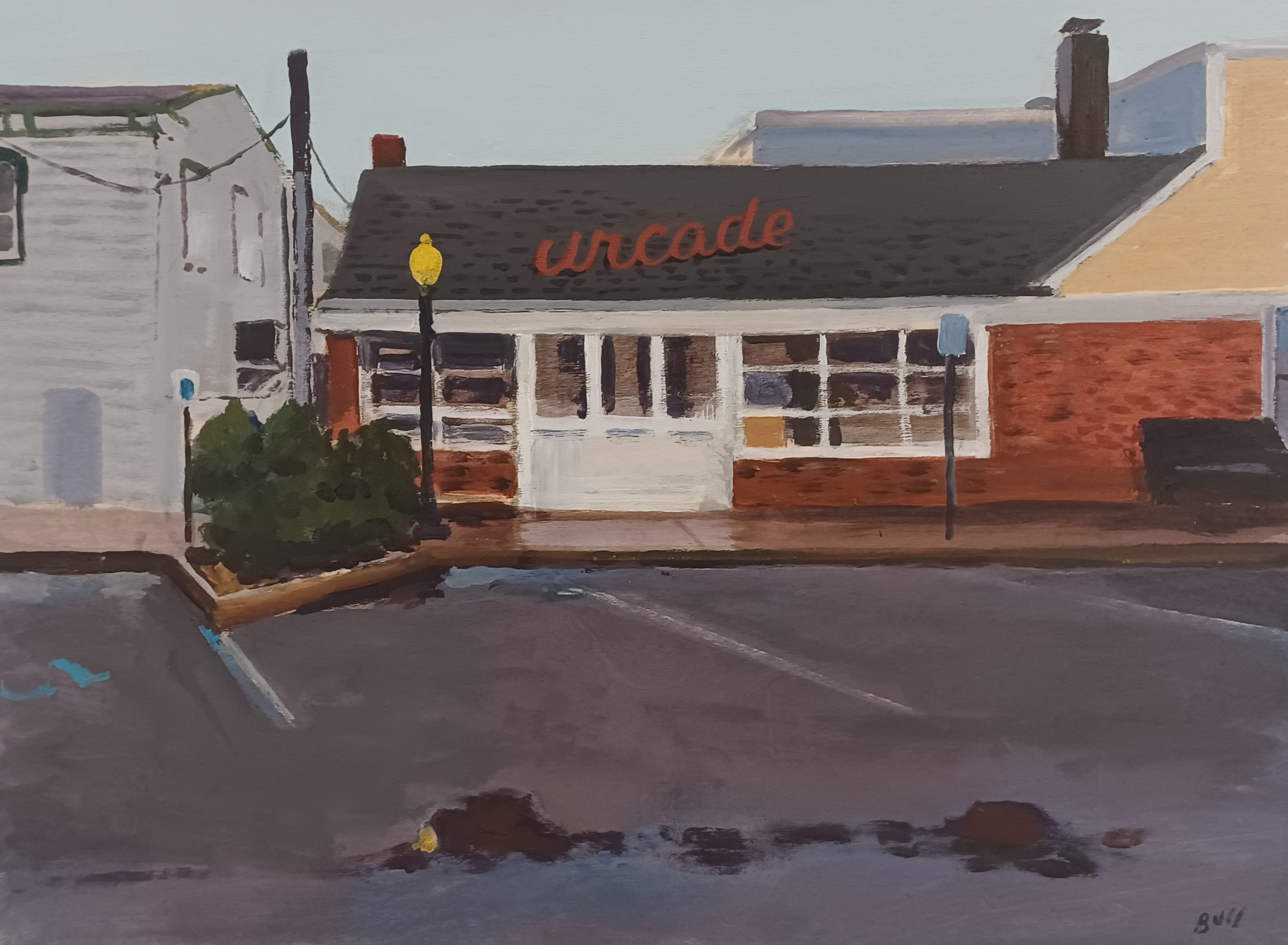 Painting of the outside of a building with the words arcade on it 