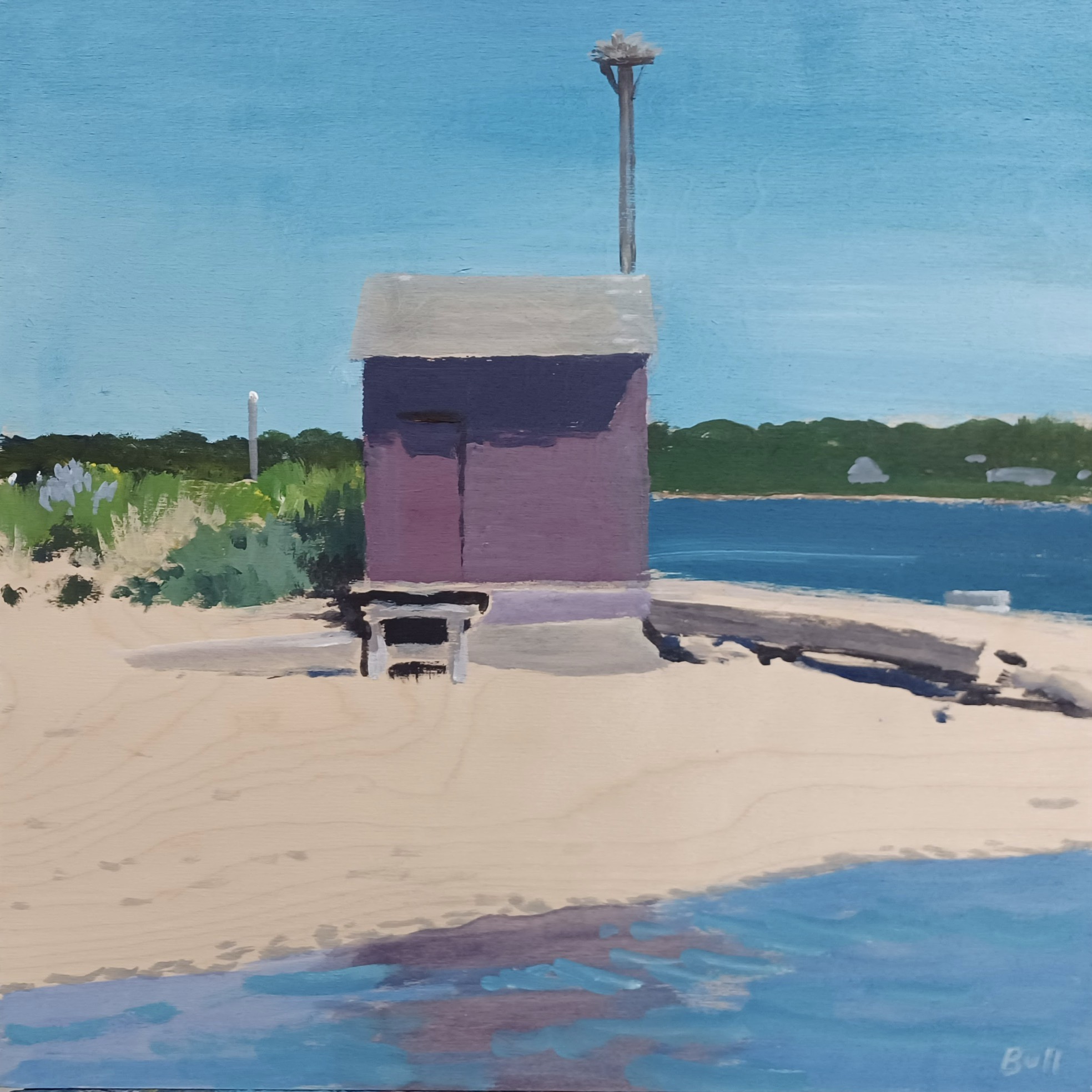 Painting of a small shack on the beach 