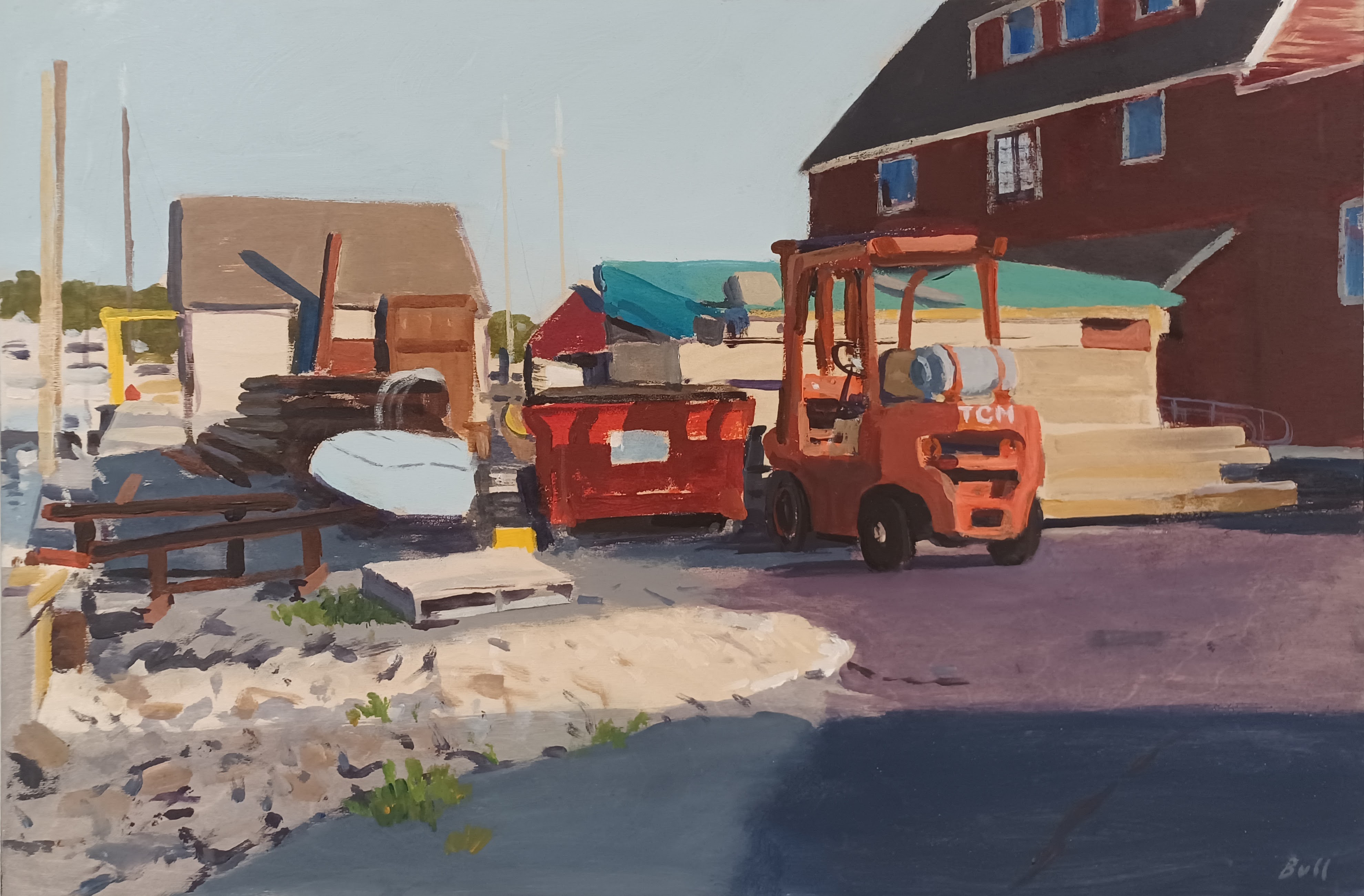 Painting of a waterfront building 