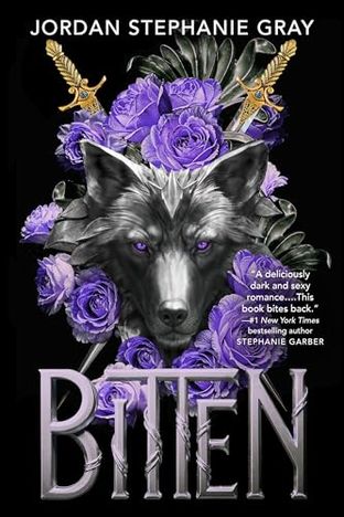 a wolf's head emerging from a bed of purple flowers, with crossed swords in the background