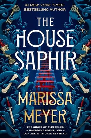 a deep blue cover with a staircase dripping blood, leading to a door in the background patterns on the left and right twist around objects like daggers and keys