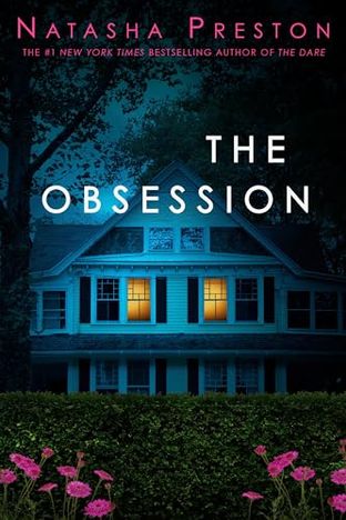 Nighttime scene of a three-story house partially hidden behind a hedge. Two windows are dimly lit, the rest are dark.