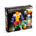 Box of Light Stax illuminated blocks featuring a colorful figure made of interlocking lit blocks.