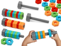 Children's toy set with colorful plastic hexagonal nuts and bolts.
