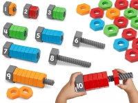 Children's educational toy set with numbered bolts and nuts in red, blue, green, and orange. Hands are assembling pieces.