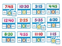 Twelve educational puzzle sets each showing a digital time, analog clock, and written time phrases, designed to teach time-telling skills.