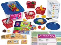 Educational food and nutrition playset with sorting baskets, plastic fruits, vegetables, plates, shopping lists, and nutritional guides on a table.