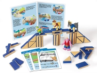 Toy set illustrating "The Three Billy Goats Gruff" with detailed bridge, goat figures, troll, instruction booklet, and cards.