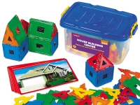 STEM building kit with colorful interlocking pieces, a storage container, and house model examples.