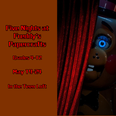 Freddy from Five Nights at Freddy's peaking from behind a curtain.