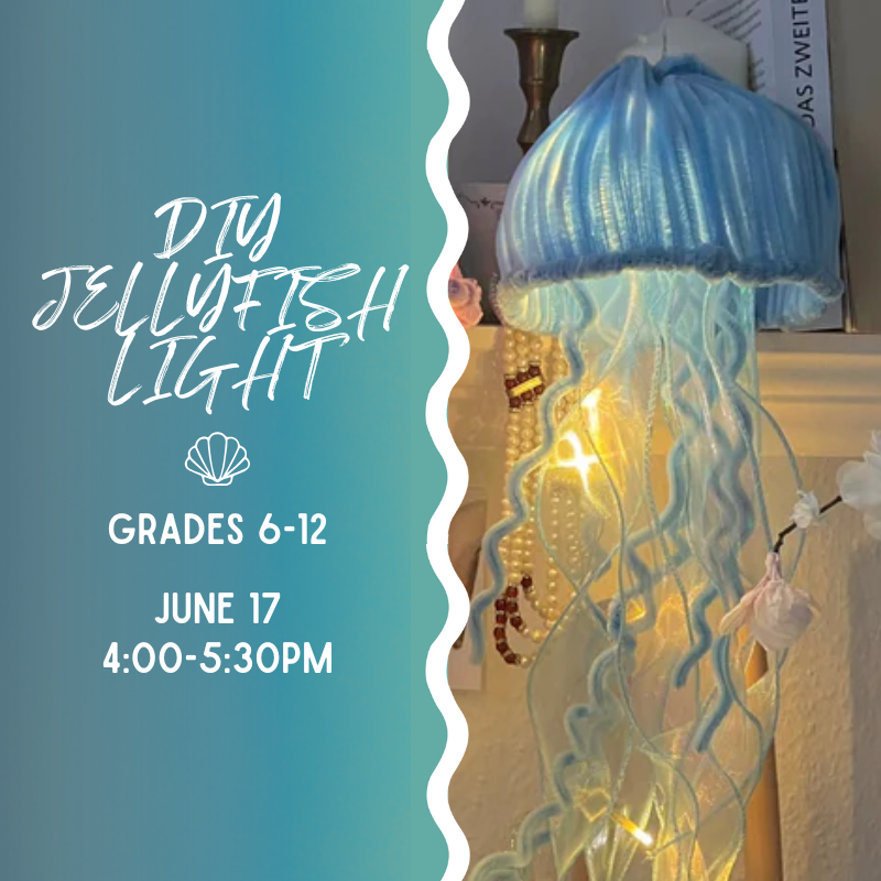 A jellyfish light made from blue pipe cleaners and ribbons.