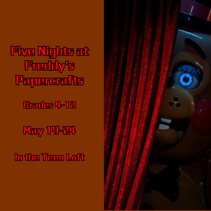 Freddy from Five Nights at Freddy's peaking from behind a curtain.