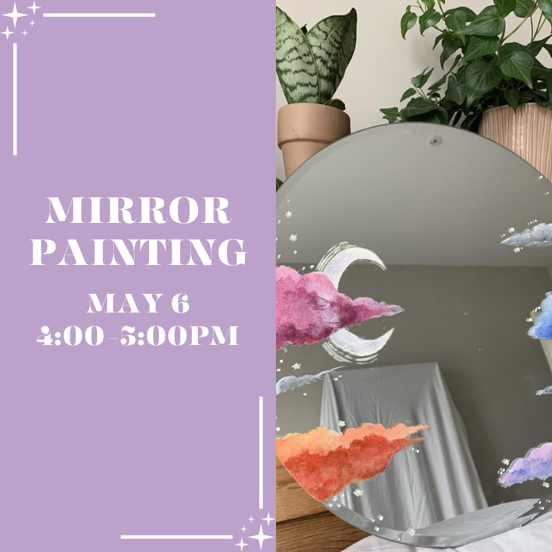 A round mirror with colorful clouds painted over it.