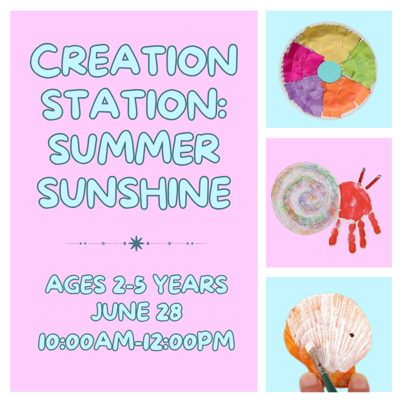 A variety of beach themed crafts, such as sea shell painting and a crab made from fingerpaint.